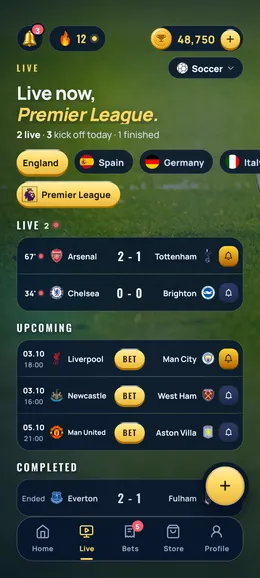 The Live tab with sport and league filters