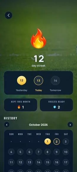 The daily streak screen with this month’s history